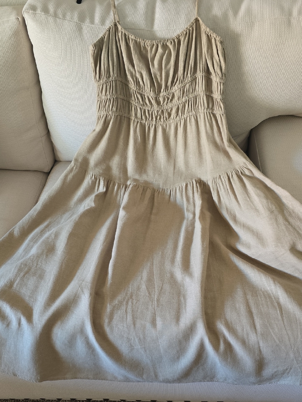 We Wore What - Spaghetti Strap Smocked Waist Linen Midi Dress - Beige